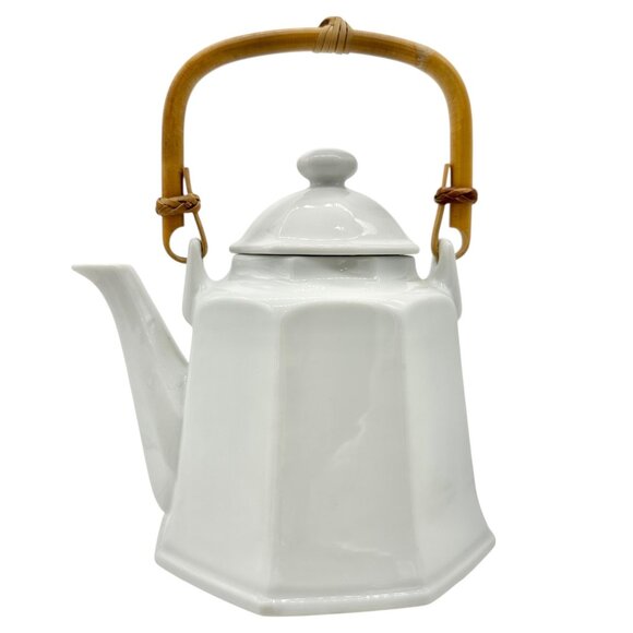 Pier 1 Imports Teapot with Lid White Ceramic With Bamboo Handle Japan - Picture 1 of 7